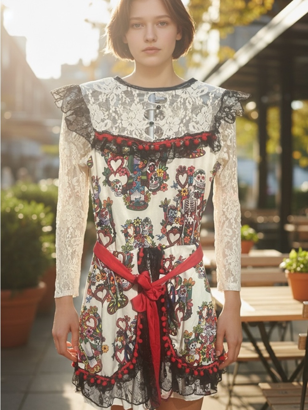 Spirit White Lace Midi Dress with Red Accents